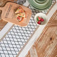 Bohemian Chic Cream & Black Grid Table Runner with Tassels