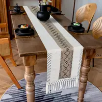 Boho Cream Brown & Black Hexagonal Grid Macrame Table Runner