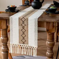 Boho Cream Brown & Black Hexagonal Grid Macrame Table Runner