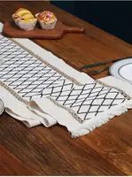 Bohemian Chic Cream & Black Grid Table Runner with Tassels
