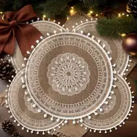 Boho Burlap Mandala Round Placemat with Pom-Pom Trim