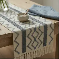Boho Cream & Slate Blue Geometric Woven Table Runner with Tassels