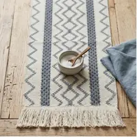 Boho Cream & Slate Blue Geometric Woven Table Runner with Tassels