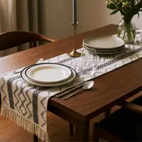 Boho Cream & Slate Blue Geometric Woven Table Runner with Tassels