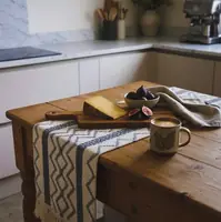 Boho Cream & Slate Blue Geometric Woven Table Runner with Tassels