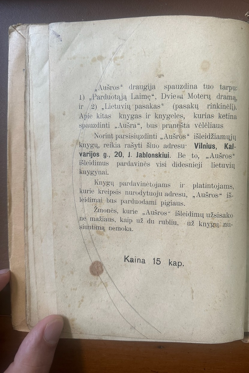 Paskutinis puslapis su kaina ir „Aušros" draugijos skelbimu