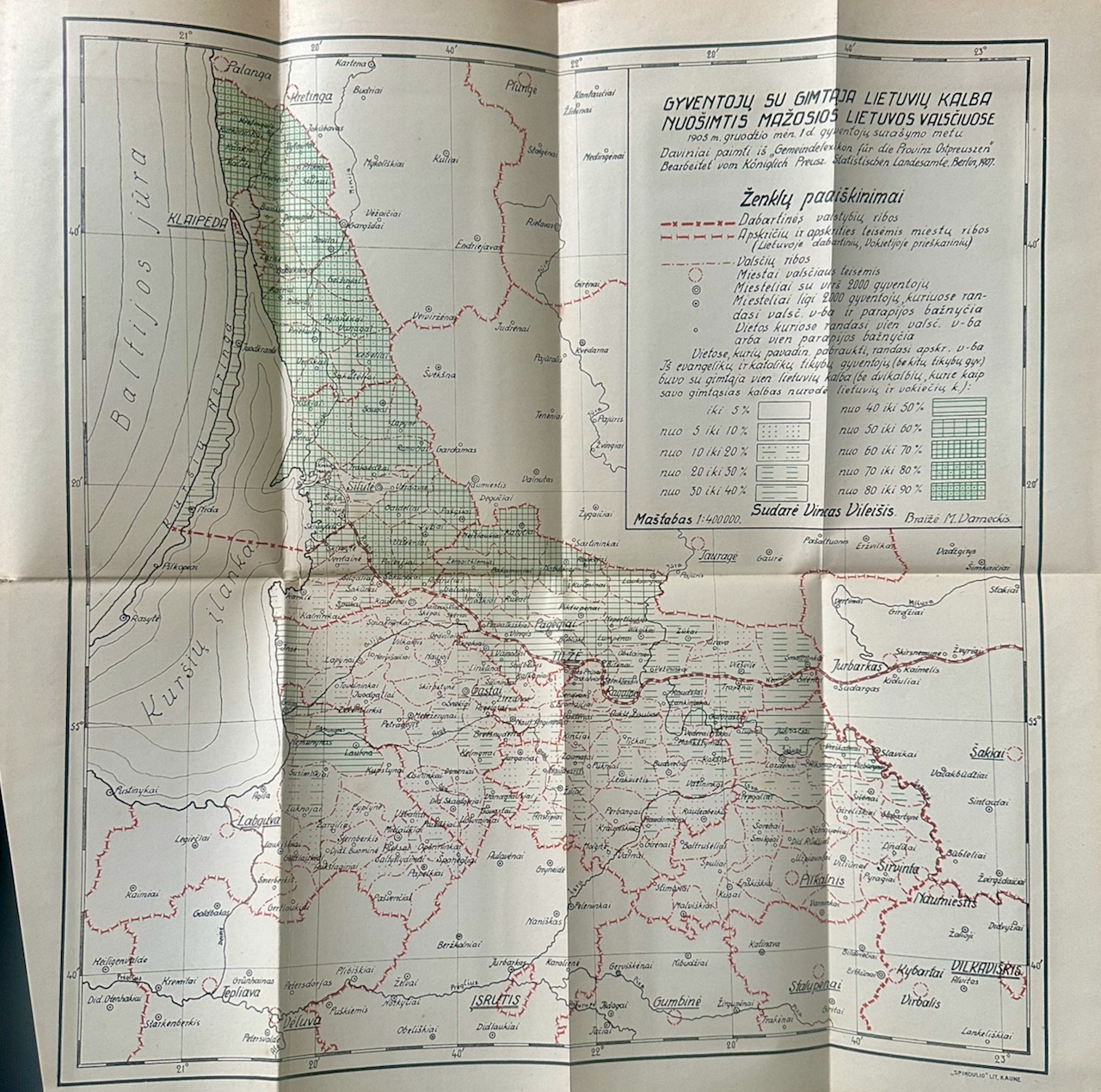 2 žemėlapis: V. Vileišio sudarytas žemėlapis „Gyventojų su gimtąja lietuvių kalba nuošimtis Mažosios Lietuvos valsčiuose, 1905 m."