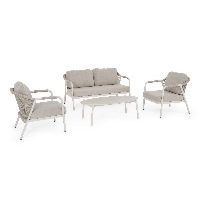 Zestaw sofa 2 fotele i stolik MIRAVET kremowy aluminowych z poduszką olefinową Bizzotto