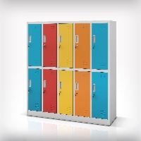Szafka szkolna BHP szaro-wielokolorowa: 10-skrytkowa BARTUŚ, 1360 x 1500 x 450 mm