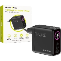 Ładowarka sieciowa GaN 2x USB-C PD, USB-A QC 3.0, 140W, Mobile Origin PW21, wyświetlacz LCD, czarna