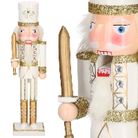 Dziadek do orzechów 38 cm z mieczem, ozdoba świąteczna, figurka drewniany żołnierzyk kremowo-złoty