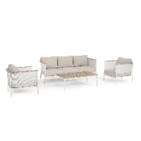 Zestaw sofa 2 fotele i stolik ULISES biały aluminiowe z efektem drewna Bizzotto