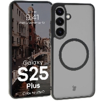 Etui z pierścieniem magnetycznym Bizon Case MatteO do Galaxy S25 Plus, półprzezroczyste z czarną ramką
