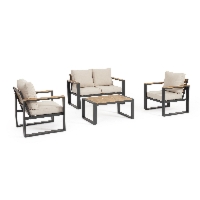 Zestaw sofa 2 fotele i stolik LEANDRO antracyt/beż aluminiowy Bizzotto