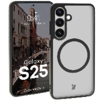 Etui z pierścieniem magnetycznym Bizon Case MatteO do Galaxy S25, półprzezroczyste z czarną ramką