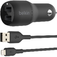 Ładowarka samochodowa Belkin Boost Car Dual USB-A 12W+12W MFi + kabel Lightning 1m, czarna
