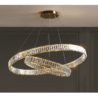 Żyrandol do salonu kryształowy, dwa ringi LED - Kikim Crystal Złoty - 60, 100cm