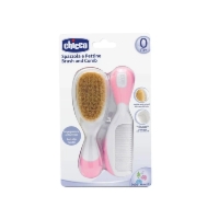 CHICCO Szczotka z naturalnego włosia + grzebyk różowy 0+