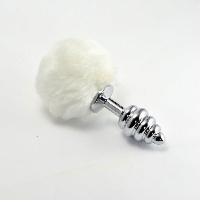 Metalowy korek analny z białym pomponem - Spiral Pompon Metal Plug White