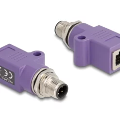 Delock M12 Adapter D-kodiert 4 Pin Stecker zu RJ45 Buchse Cat.5e met Befestigungsloch gerade violett (60669)