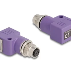 Delock M12 Adapter D-kodiert 4 Pin Buchse zu RJ45 Buchse Cat.5e met Befestigungsloch 90° gewinkelt violett (60680)