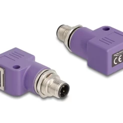 Delock M12 Adapter D-kodiert 4 Pin Stecker zu RJ45 Buchse Cat.5e met Befestigungsloch 90° gewinkelt violett (60679)