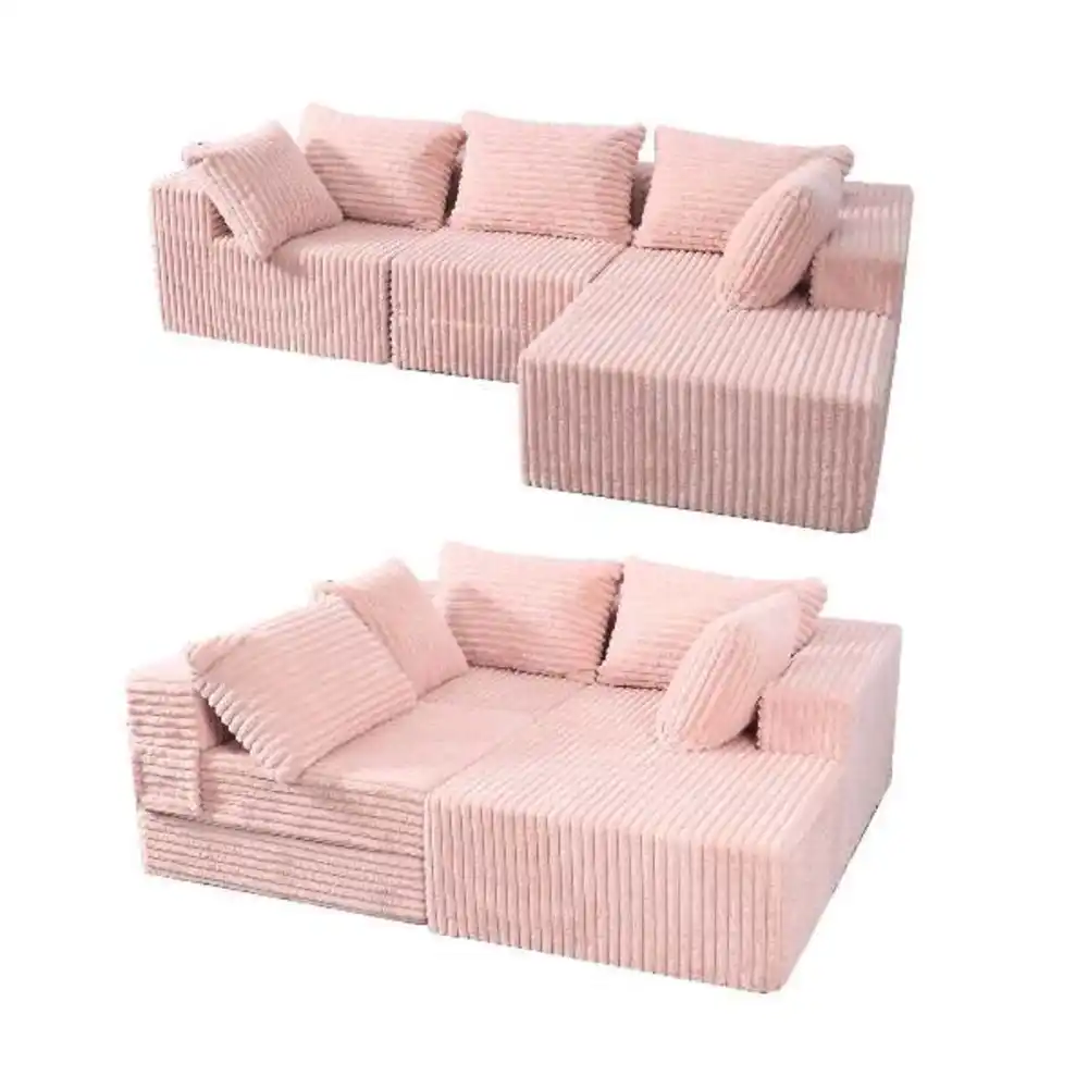 Stylish Pink L Shape High Density Compressed Foam Three-seater Couch Living Room Furniture Low Moq Factory Pricing Export Quality