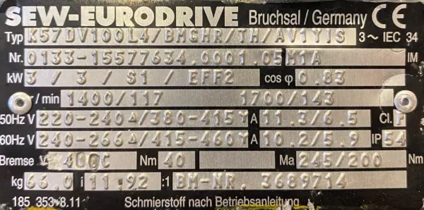 Motoreduktor / przekładnia 3kW 117obr. HAMULEC SEW - zdjęcie 2