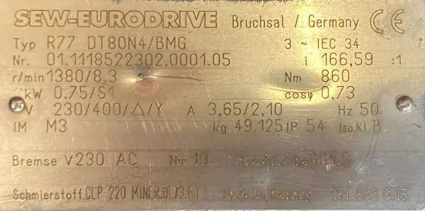 Motoreduktor / przekładnia 0,75kW 8,3obr. 3fazowy HAMULEC SEW - zdjęcie 2