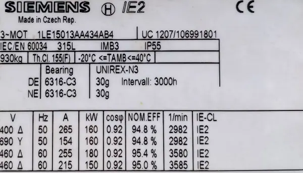 Silnik elektryczny 160kW 2982obr. 3fazowy SIEMENS IE2 - zdjęcie 2