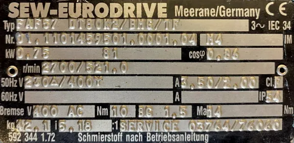 Motoreduktor / przekładnia 0,75kW 521obr. 3fazowy HAMULEC SEW - zdjęcie 2