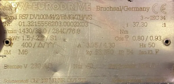 Motoreduktor / przekładnia 1,5/2,2kW 38/76obr. HAMULEC OBCE CHŁODZENIE SEW - zdjęcie 2