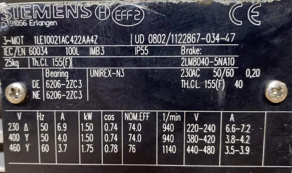 Silnik elektryczny 3fazowy 1,5kW 940obr. HAMULEC SIEMENS - zdjęcie 2