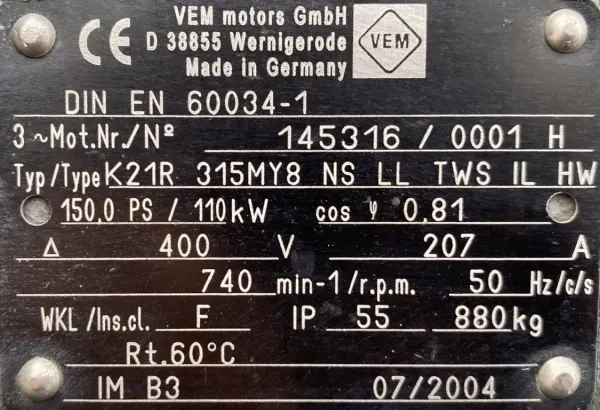 Silnik elektryczny 110kW 740obr. 3fazowy VEM - zdjęcie 2
