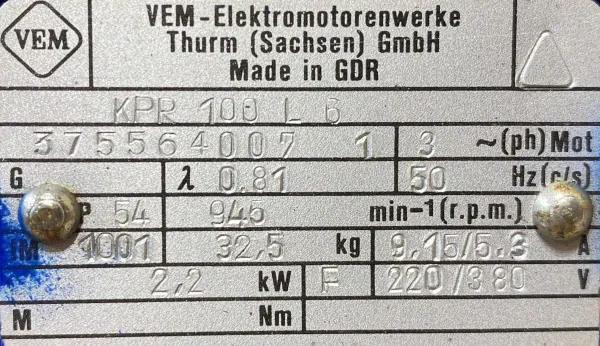 Silnik elektryczny 2,2kW 945obr. 3fazowy VEM 100B3 - zdjęcie 2