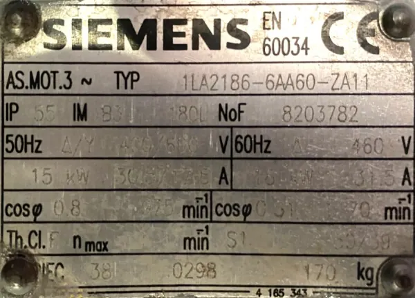 Silnik elektryczny 15kW 975obr. 3fazowy SIEMENS - zdjęcie 2