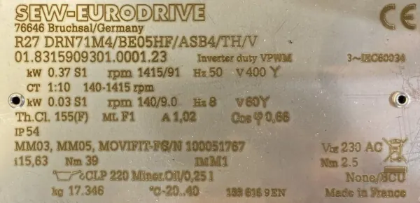 Motoreduktor / przekładnia 0,37kW 91obr. 3fazowy HAMULEC OBCE CHŁODZENIE SEW - zdjęcie 2