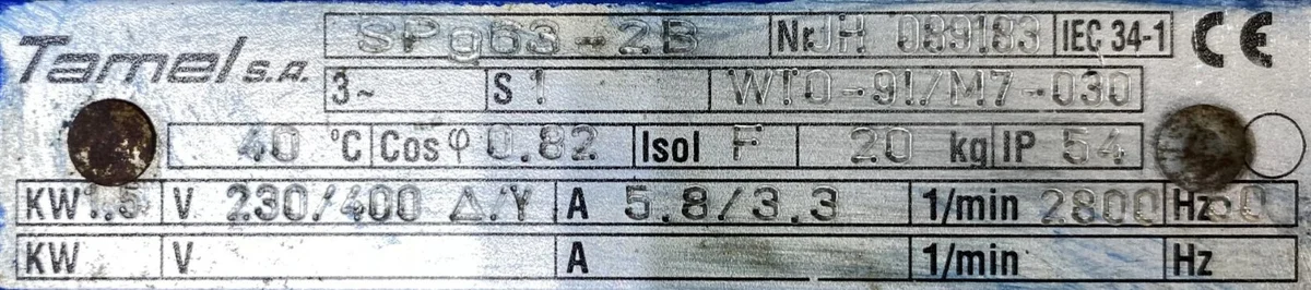 silnik elektryczny jamnik 1,5kW 2800obr. 3fazowy Tamel DO PIŁY TARCZOWEJ - zdjęcie 2