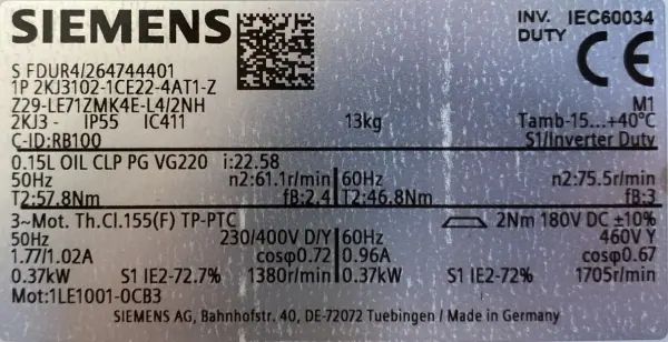 Motoreduktor / przekładnia 0,37kW 61,1obr. 3fazowy HAMULEC SIEMENS - zdjęcie 2