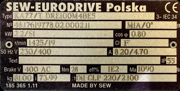 Motoreduktor / przekładnia 2,2kW 19obr. HAMULEC SEW (kąt) - zdjęcie 2