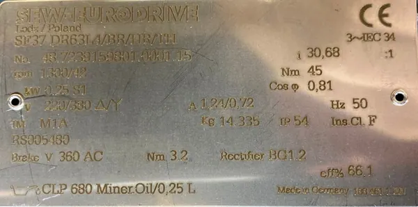 Motoreduktor / przekładnia 0,25kW 42obr. 3fazowy HAMULEC SEW - zdjęcie 2