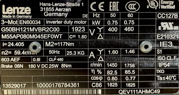 Motoreduktor / przekładnia 0,75kW 59,4obr. 3fazowy HAMULEC Lenze - zdjęcie 2