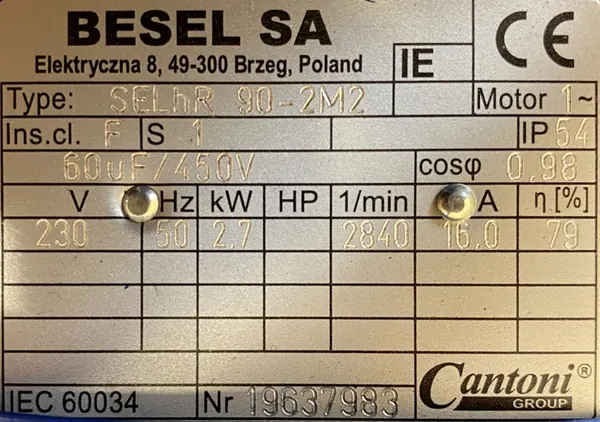 Silnik elektryczny 2,7kW 2840obr. 1fazowy 230V BESEL - zdjęcie 2