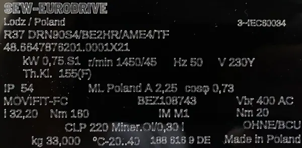Motoreduktor / przekładnia 0,75kW 45obr. 3fazowy HAMULEC SEW - zdjęcie 2