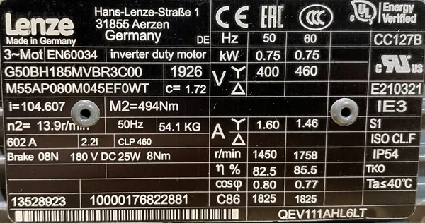 Motoreduktor / przekładnia 0,75kW 13,9obr. 3fazowy HAMULEC Lenze - zdjęcie 2