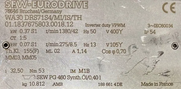 Motoreduktor / przekładnia 0,37kW 42obr. 3fazowy SEW (WA) - zdjęcie 2
