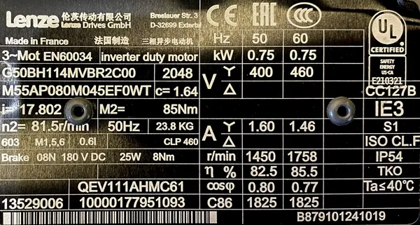 Motoreduktor / przekładnia 0,75kW 81,5obr. 3fazowy HAMULEC Lenze - zdjęcie 2