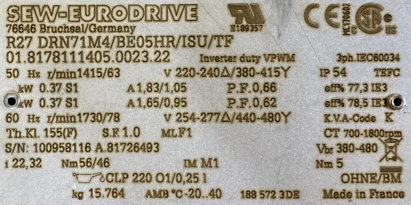 Motoreduktor / przekładnia 0,37kW 63obr. 3fazowy HAMULEC SEW - zdjęcie 2
