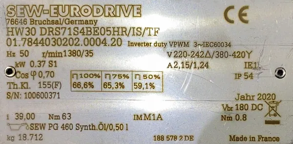 Motoreduktor / przekładnia 0,37kW 35obr. 3fazowy HAMULEC SEW - zdjęcie 2