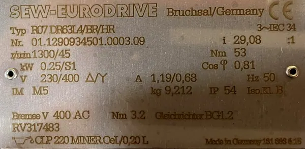 Motoreduktor / przekładnia 0,25kW 45obr. 3fazowy HAMULEC SEW (s) - zdjęcie 2